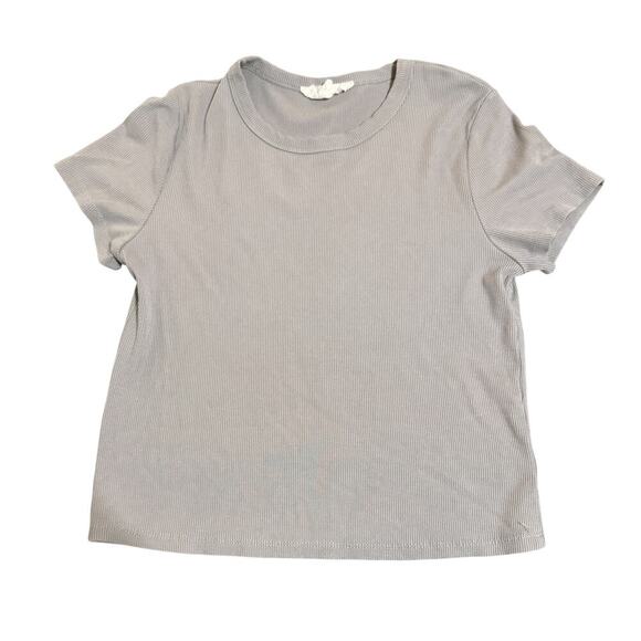 Olive & Oak Size Large Ribbed Cropped Crew Neck Shirt Gray Modal Spandex Blend‎ - Picture 1 of 7